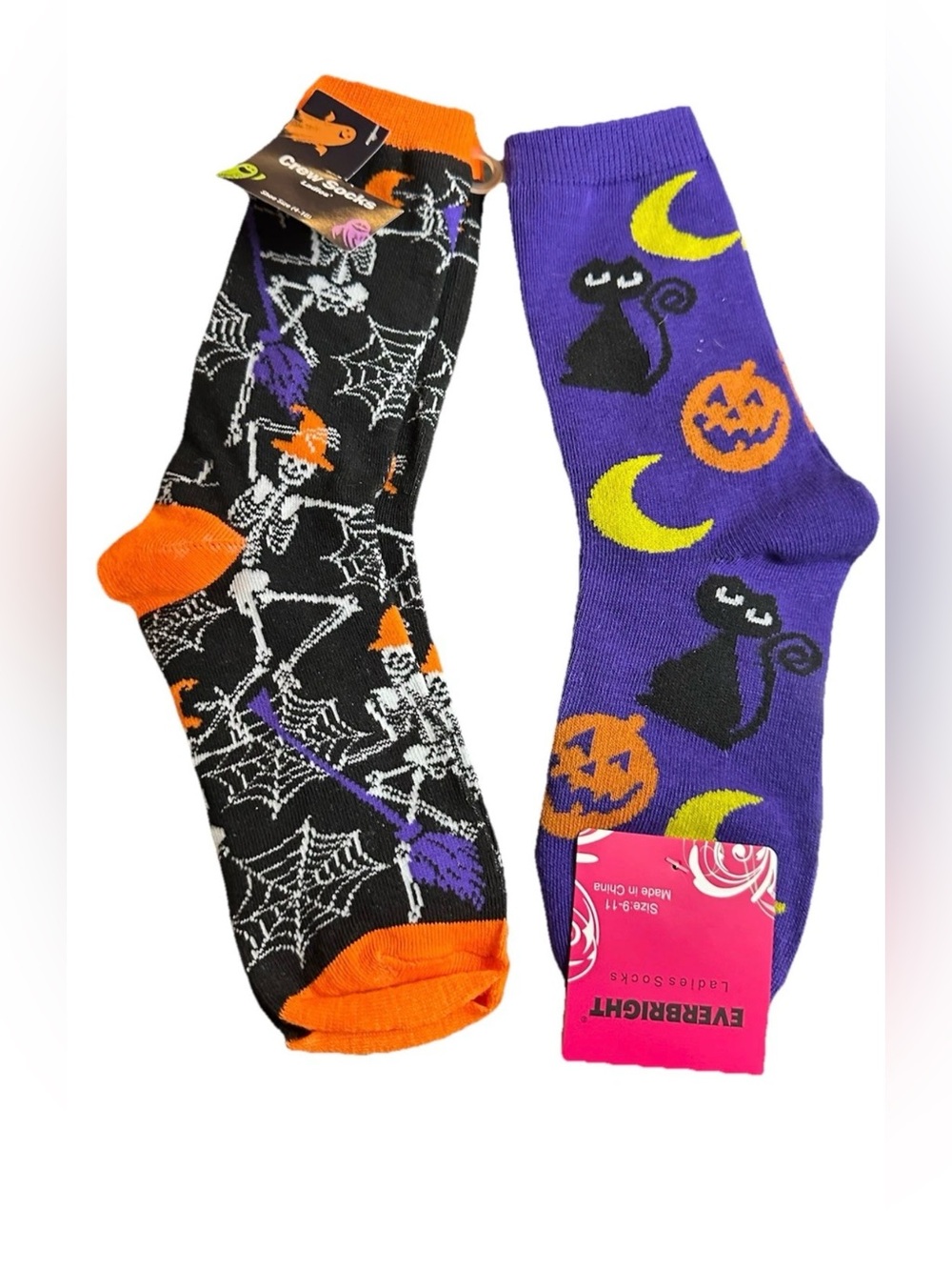 Halloween Ladies Crew Socks 2 Pair Black Cat Skeleton Pumpkin Witch NWT